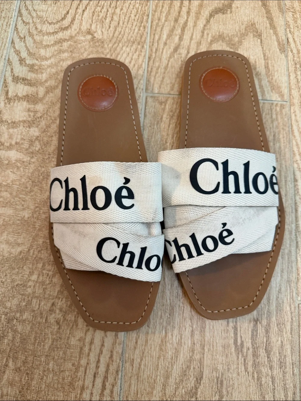 Chloé Logo Canvas Slide Sandals — Cream & Tan
